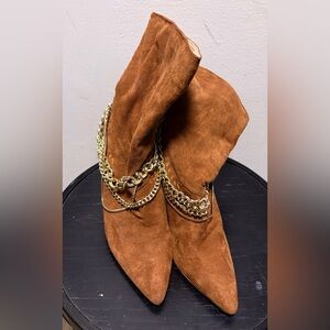 Brown Suede Boots with Gold Chain Detail